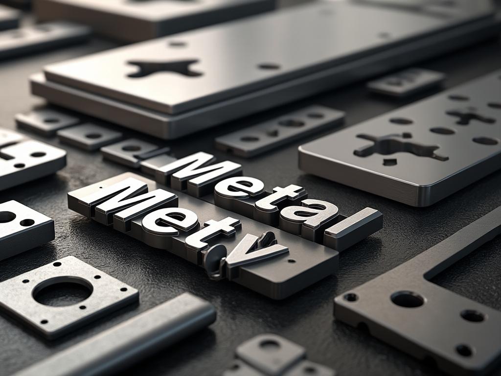 Placas de metal con el texto 'Metal' grabado, mostrando detalles industriales y de ingeniería.
