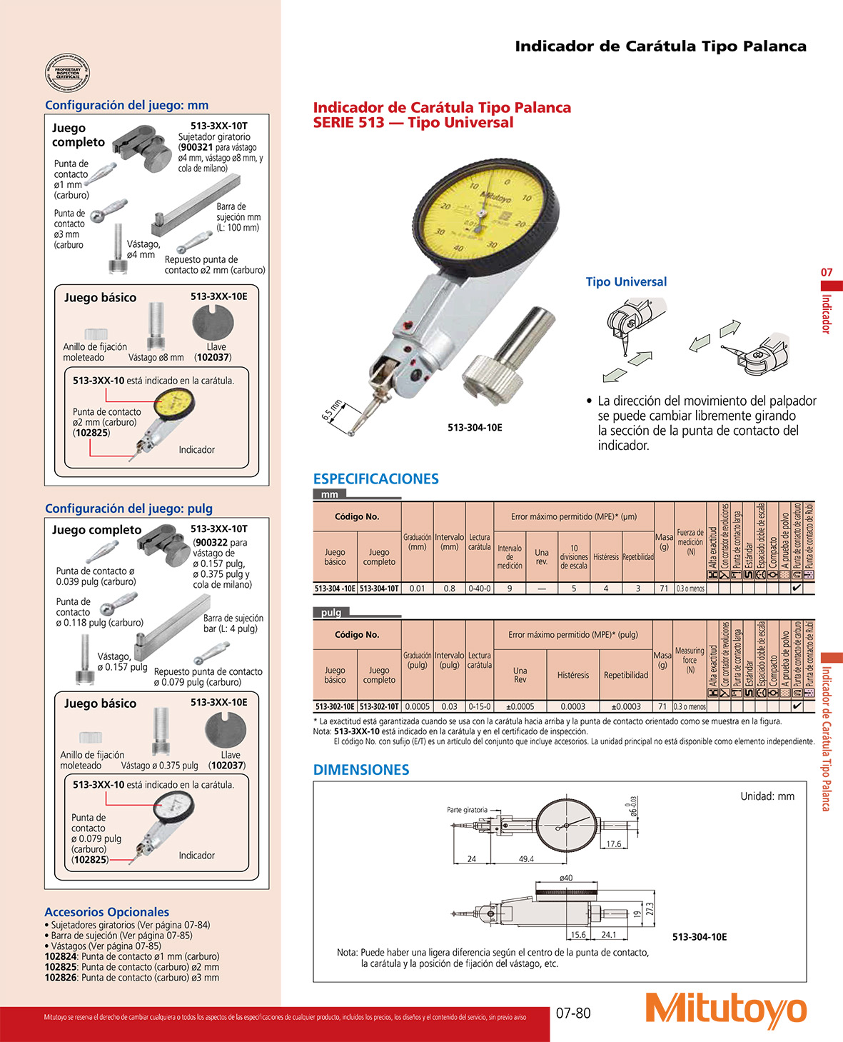 Indicador de caratula tipo palanca, 
tipo universal SERIE 513-