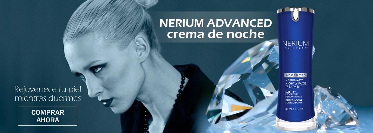 Imagen de una mujer con un fondo azul acompañada de un envase de crema facial Nerium Advanced, resaltando la frase ‘rejuvenece tu piel mientras duermes’ con un botón de ‘comprar ahora’.