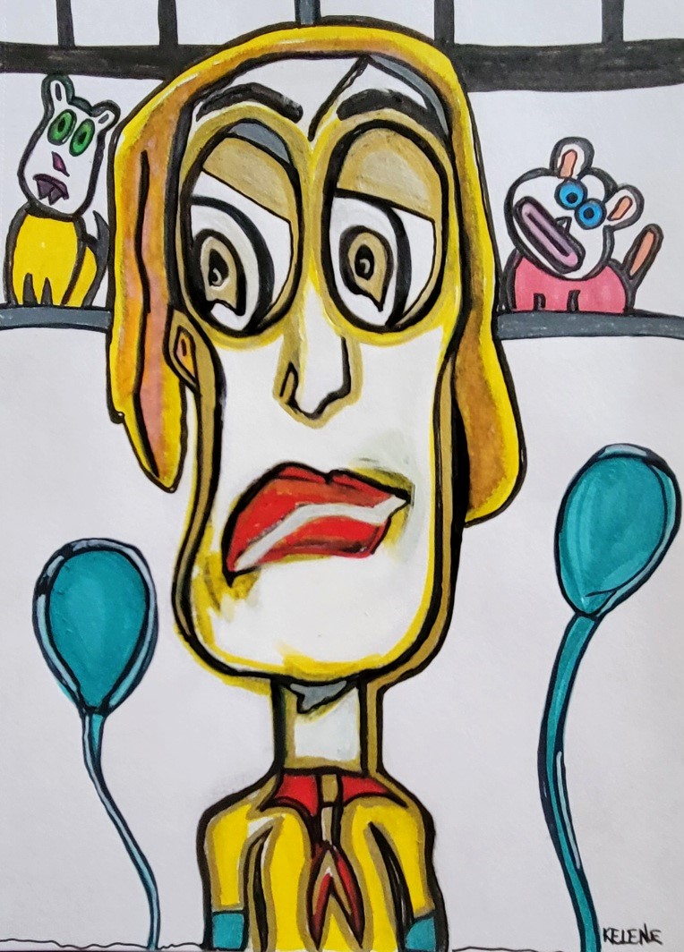 Title: Girl with Balloons.  12 x 14 pen and paint on paper. Kelene 2022 $120.00 framed