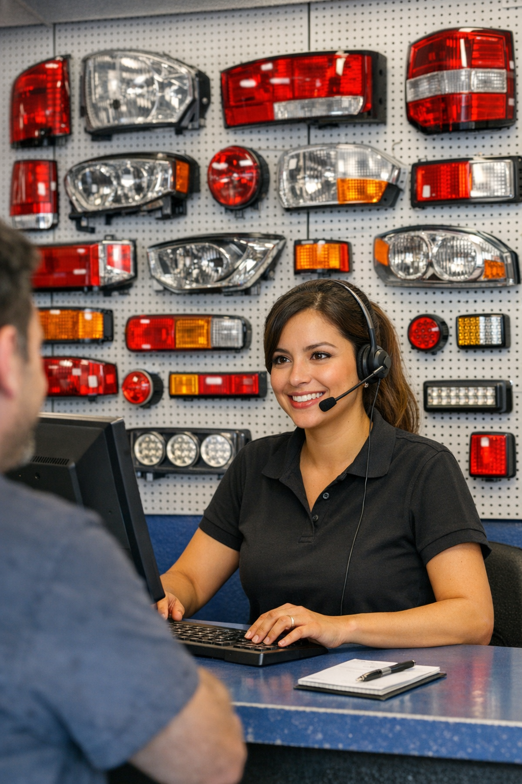 Ilustración de mujer en tienda de repuestos automotrices, rodeada de luces y piezas mecánicas, con logo de MIRS en el fondo.