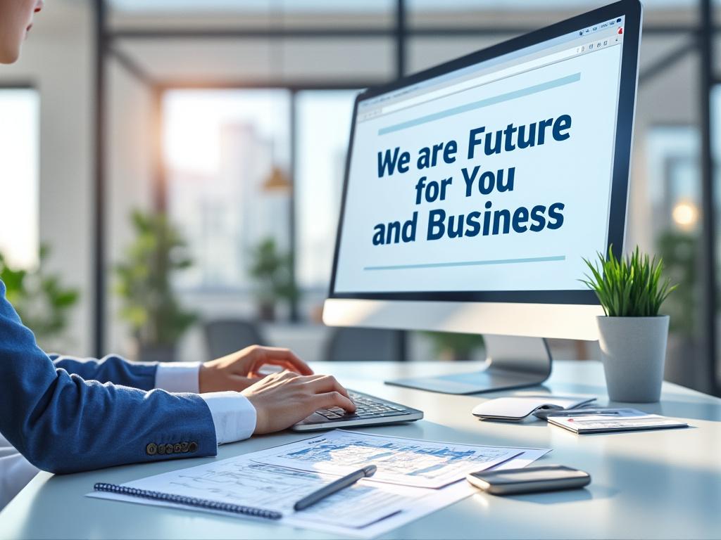 Business professional working on a computer in a modern office, displaying the text 'We are Future for You and Business' on the monitor, with documents and a plant on the desk.