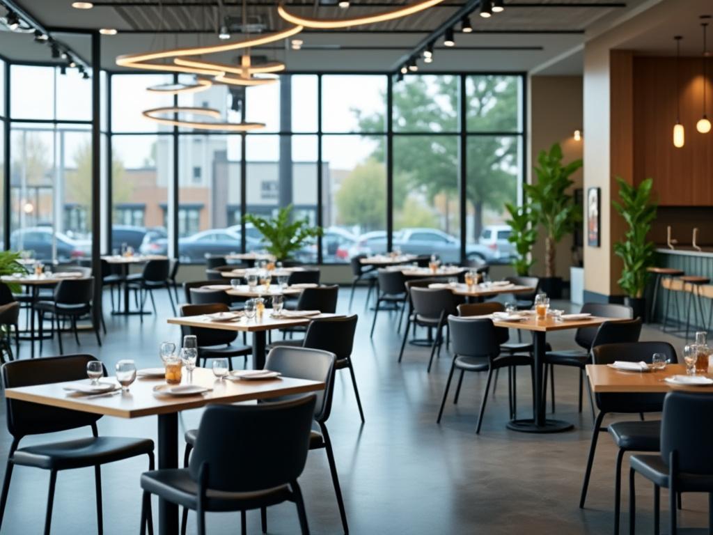 Modern restaurant interior with neatly arranged tables, stylish lighting, large windows, and potted plants in a contemporary setting.