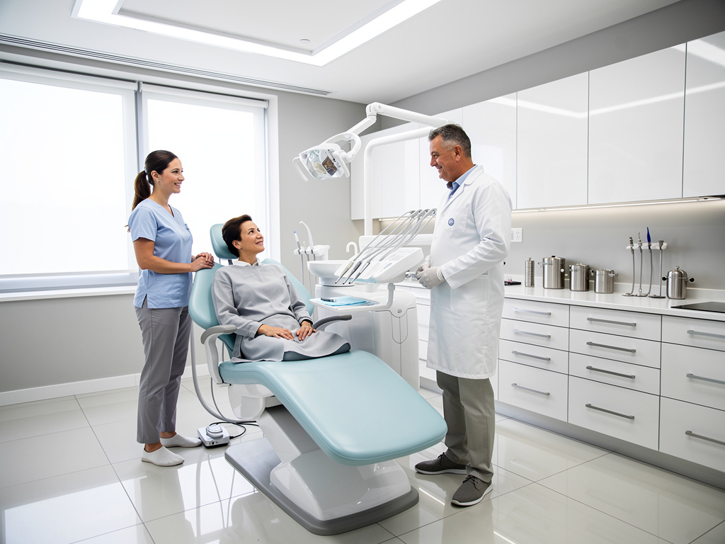 Dentista y asistente atienden a paciente en clínica dental moderna con sillón odontológico