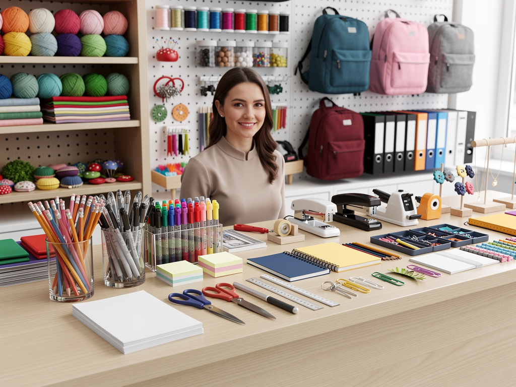 Tienda de papelería y manualidades con mujer sonriente, lápices, rotuladores, tijeras, cuadernos, hilos de colores y mochilas