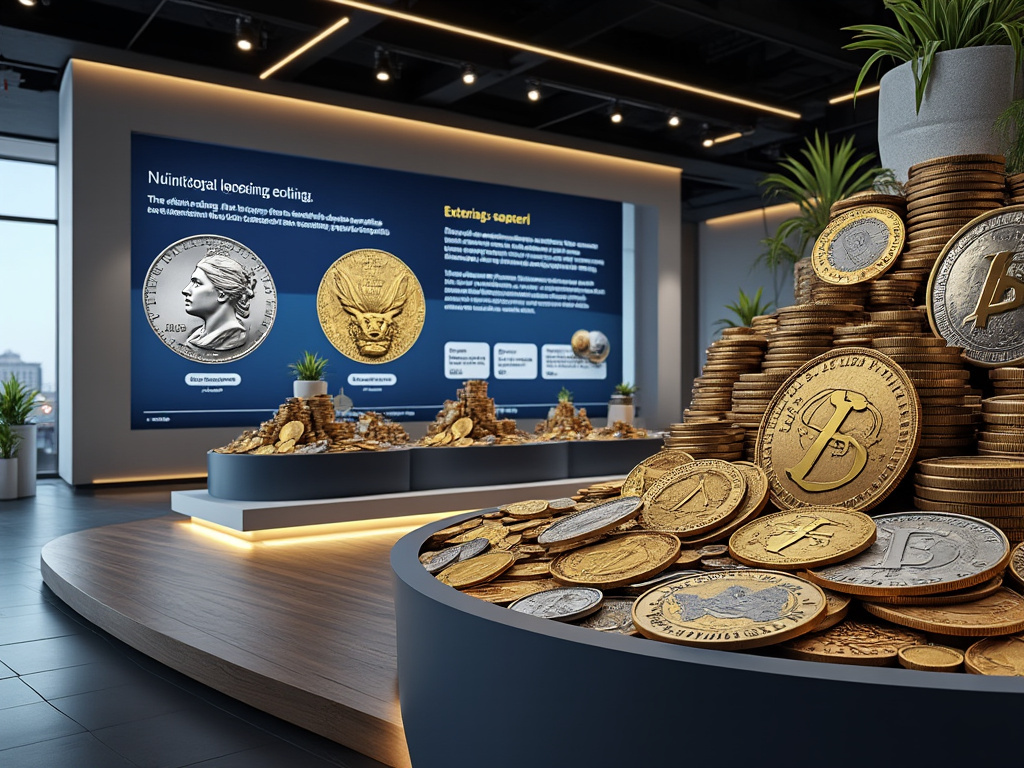 Modern exhibition space showcasing stacks of gold and silver coins with informational displays and plants.