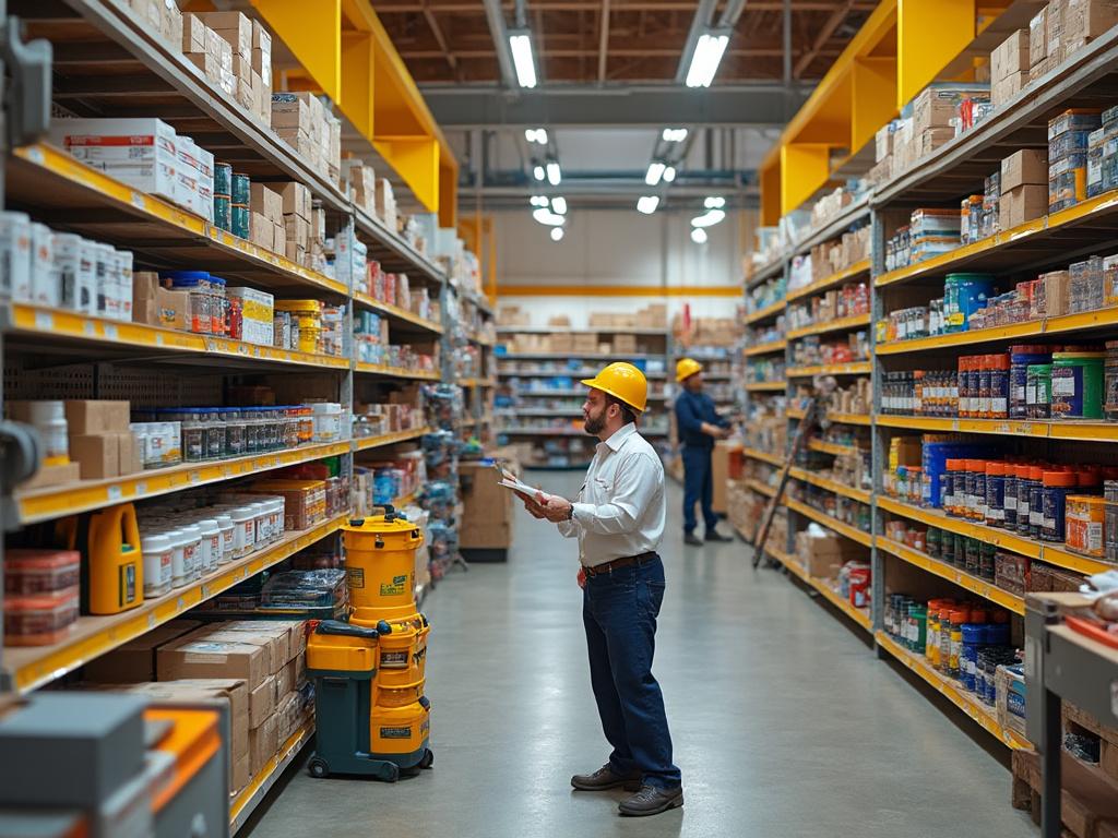 Hombre con casco amarillo inspeccionando estanterías llenas de productos en un almacén.