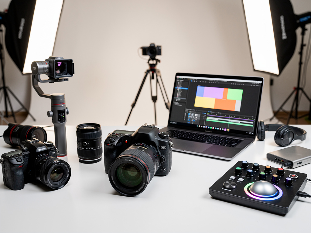 Equipo de producción audiovisual con cámaras, lentes, luces de estudio, portátil de edición y controlador en mesa blanca