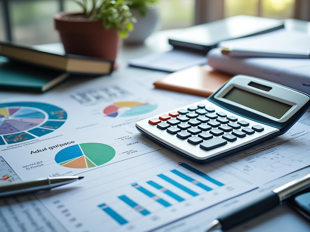 Calculadora sobre documentos financieros con gráficos y diagramas en una oficina.