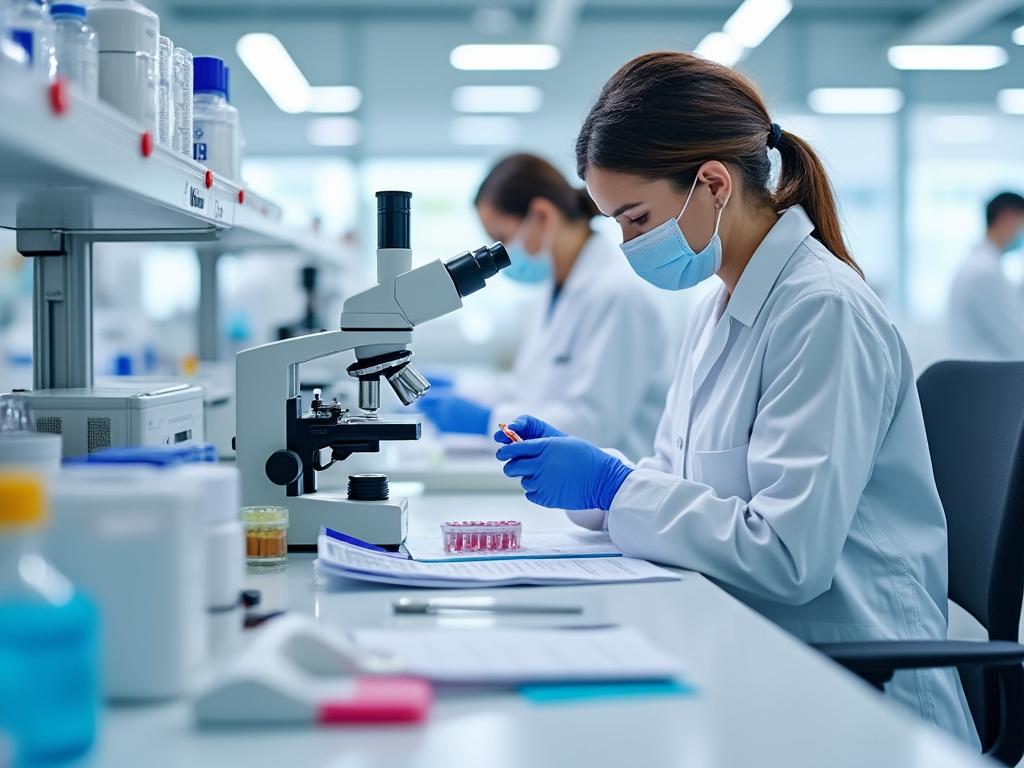 Científica en laboratorio con microscopio, usando guantes y mascarilla, realizando investigación.
