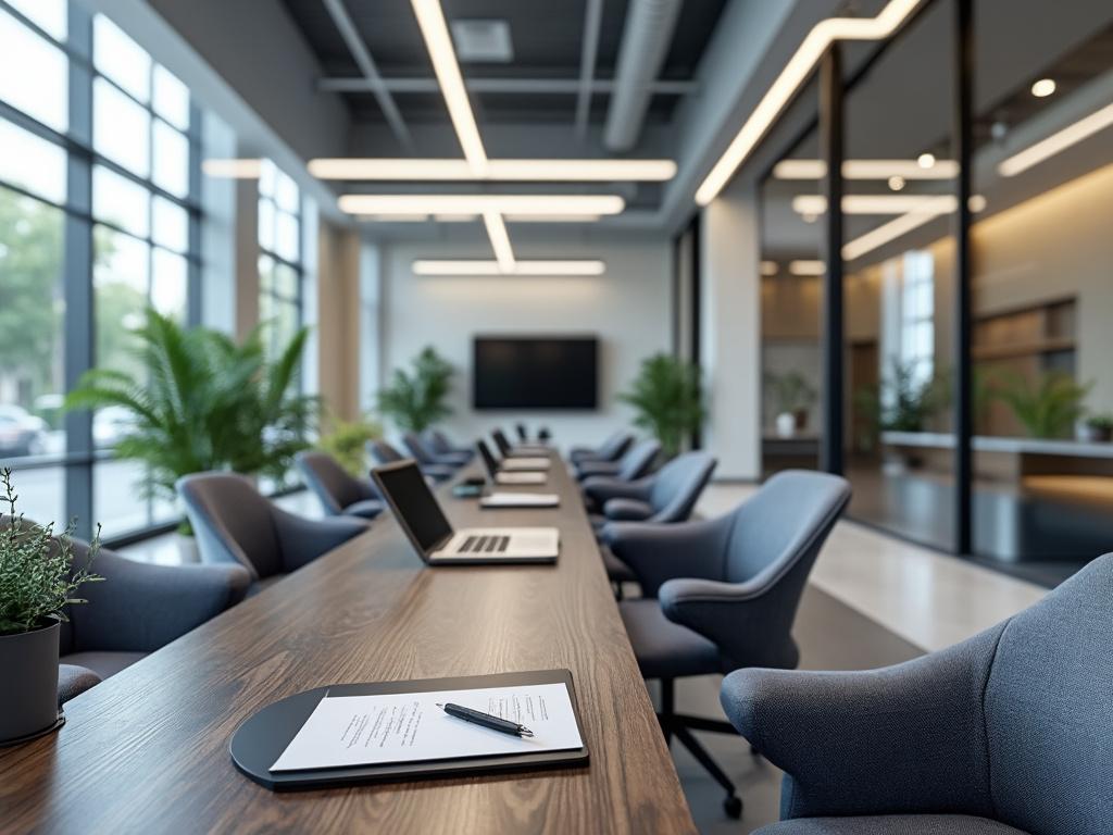 Modern conference room with long wooden table, laptops, pens, and plants, featuring large windows and contemporary lighting.