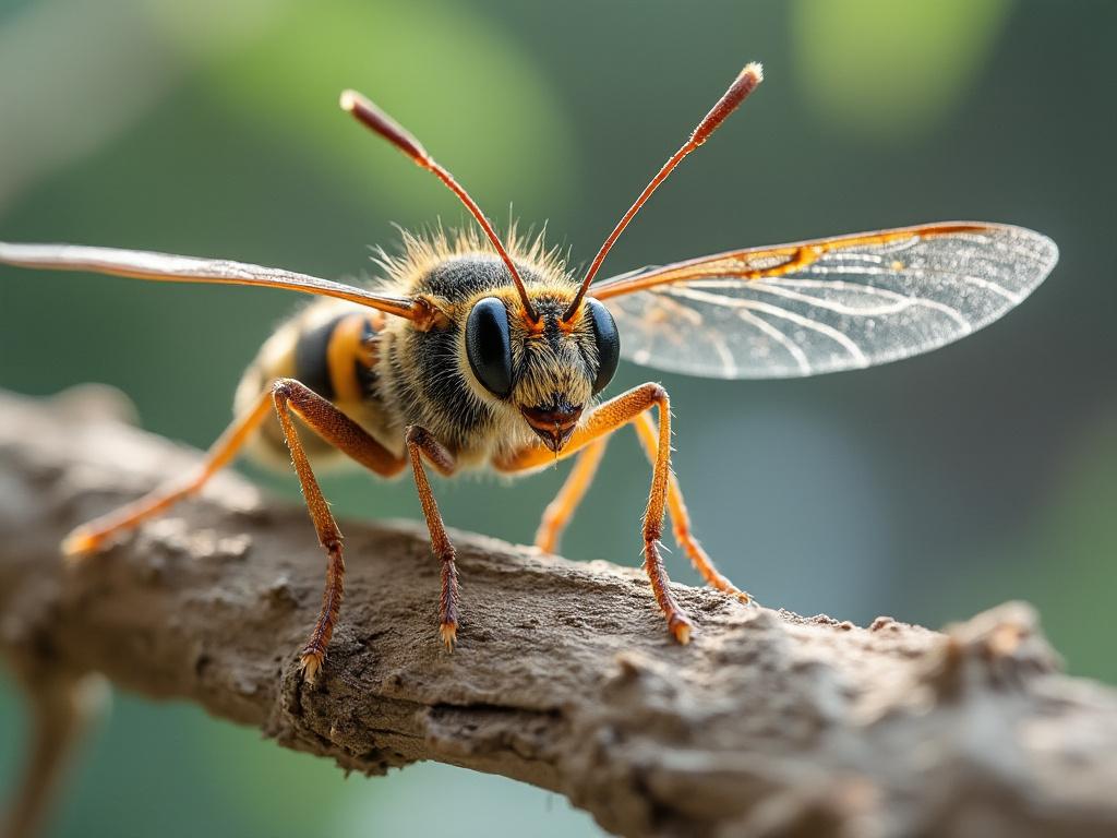 Close-up of a wasp perched on a branch, displaying detailed wings and antennae with a blurred green background. Close-up of a wasp perched on a branch, displaying detailed wings and antennae with a blurred green background.