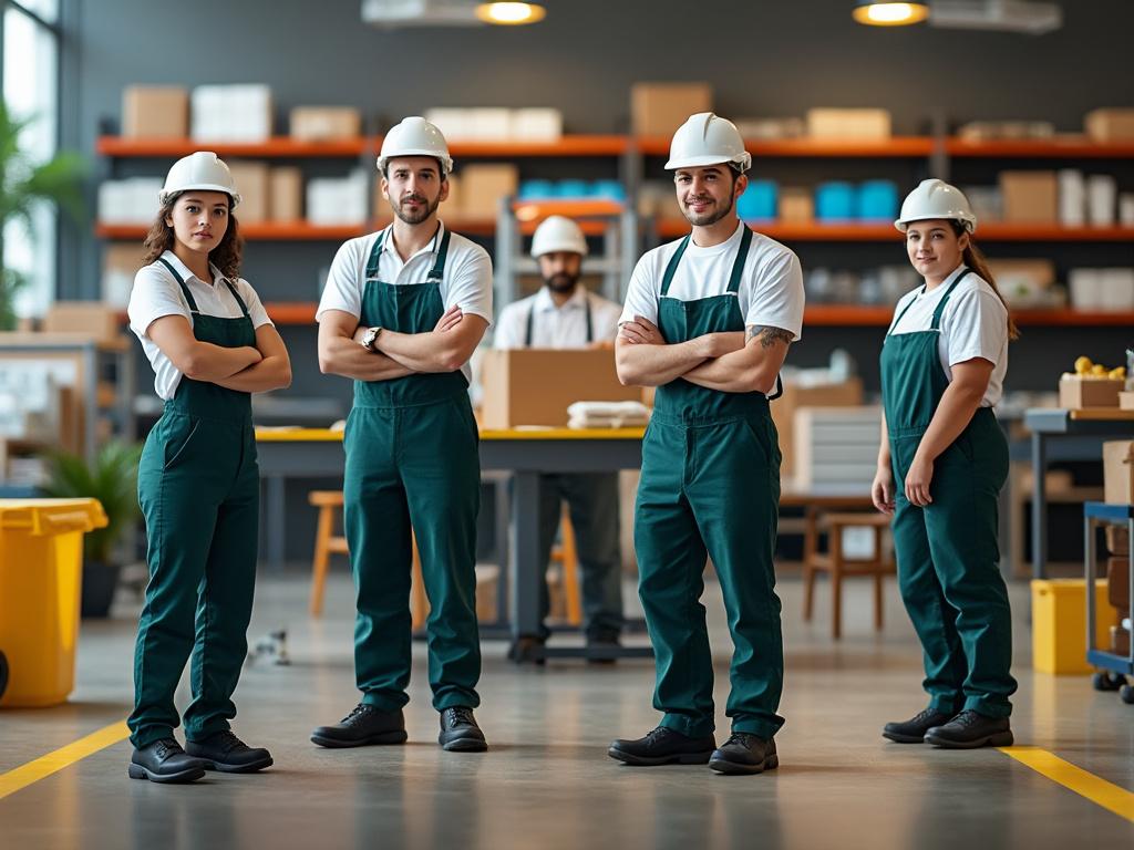 A group of warehouse workers in green overalls and white helmets stand confidently in a well-organized storage room with boxes and shelves in the background. A group of warehouse workers in green overalls and white helmets stand confidently in a well-organized storage room with boxes and shelves in the background.