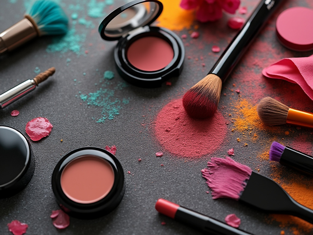 Various colorful makeup powders and brushes on a dark textured surface.