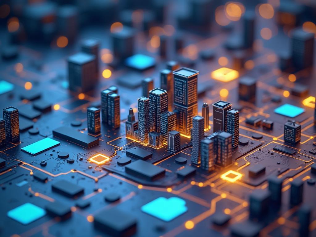 Ciudad futurista con edificios iluminados sobre una placa de circuito.