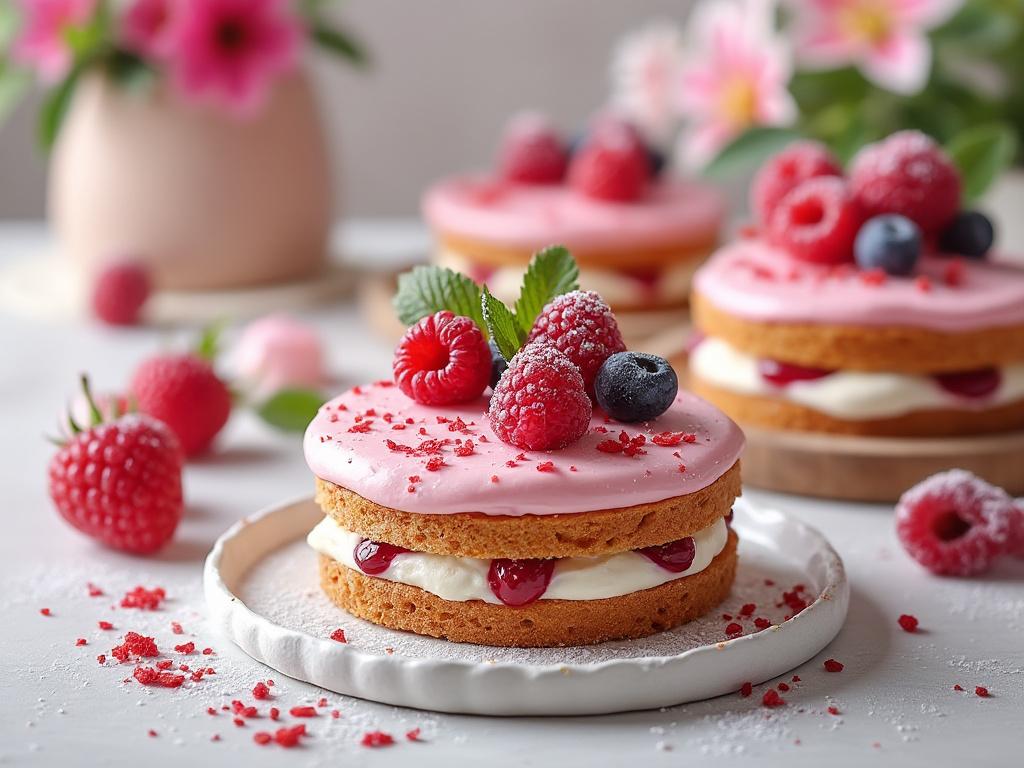 Pastel de frutas con frambuesas y arándanos, decorado con crema rosa y azúcar glas sobre un plato, con flores en el fondo.