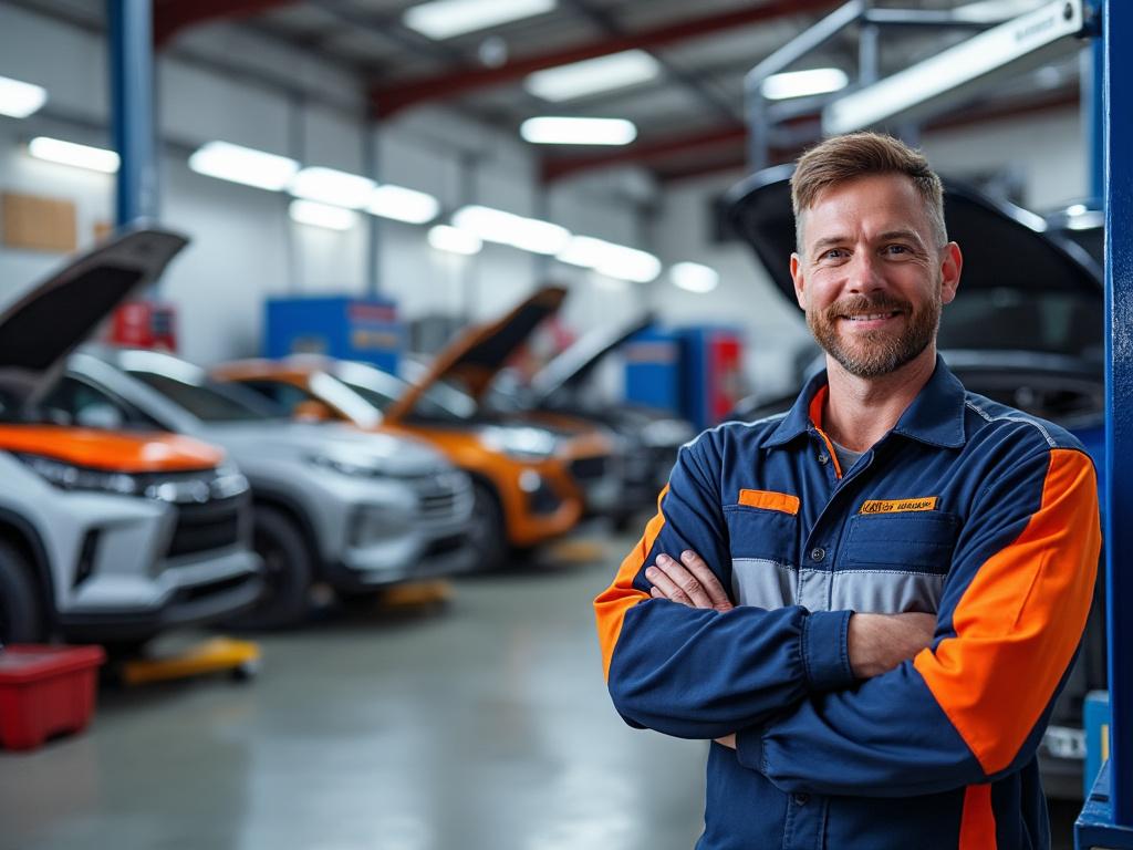Mecánico sonriente con brazos cruzados en un taller de automóviles con varios coches en mantenimiento.