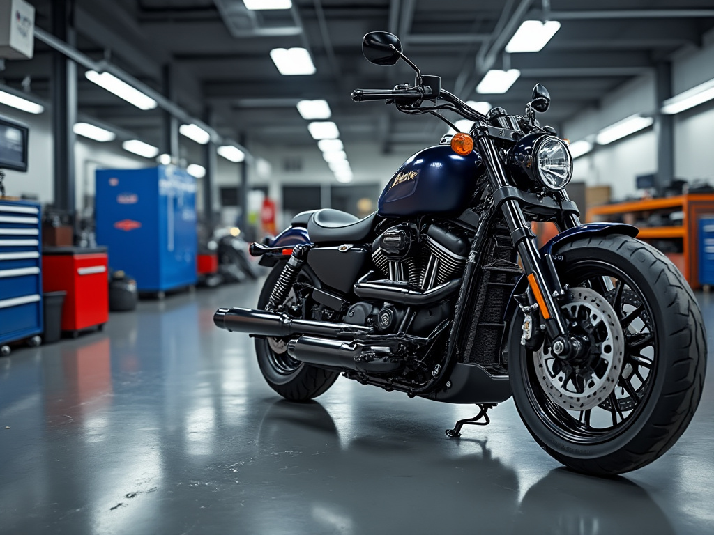 Motocicleta oscura en taller moderno con iluminación brillante y herramientas alrededor.