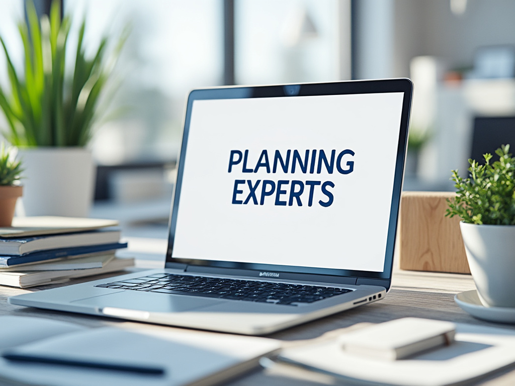 Open laptop displaying 'Planning Experts' text on screen, surrounded by potted plants and stacked books on a desk.