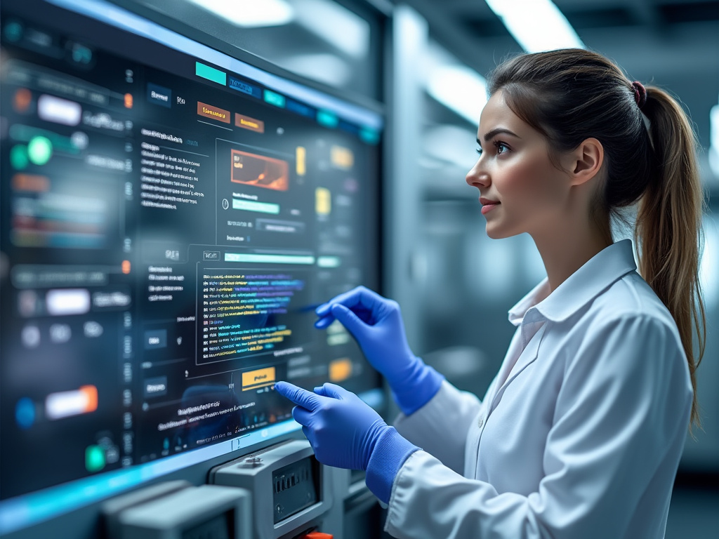 Científica analizando datos en pantalla digital en laboratorio moderno.