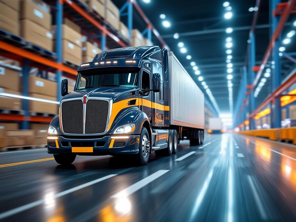 Camión de carga grande en almacén iluminado, rodeado de estanterías con cajas.