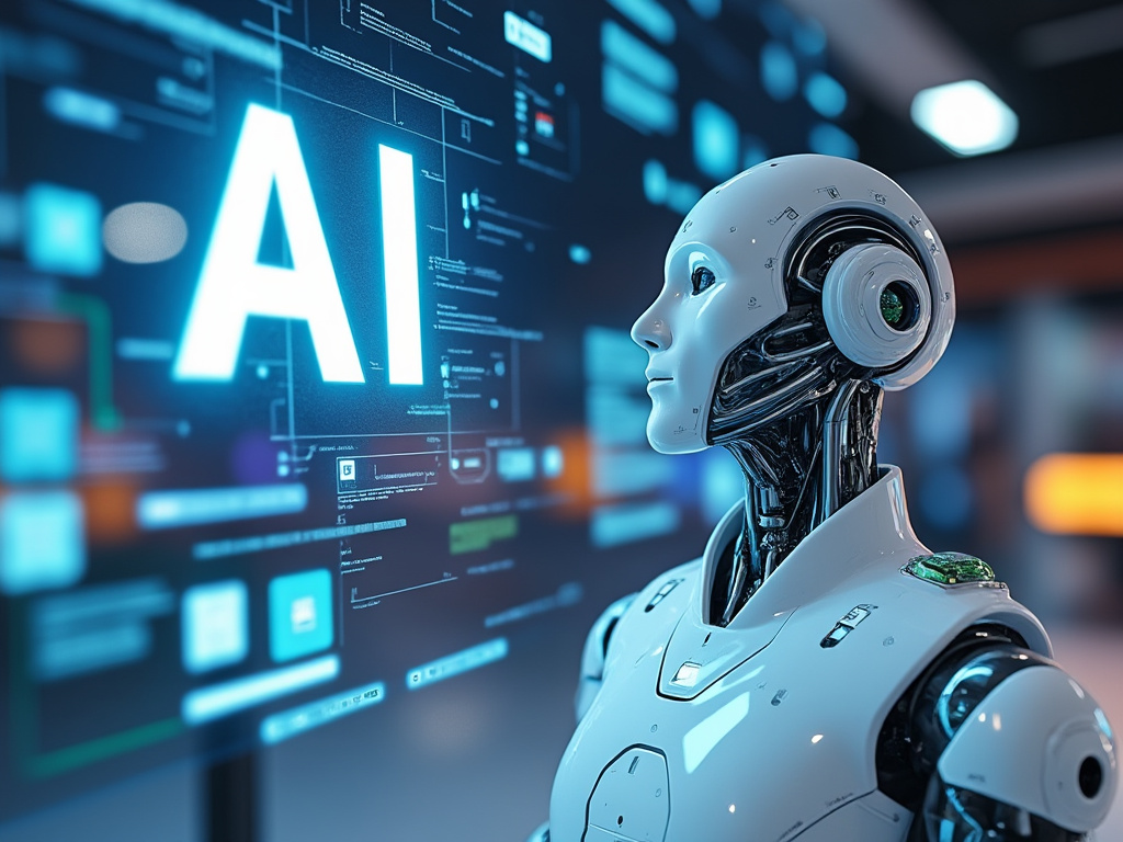 Robot humanoide observando una pantalla digital con la palabra 'AI', en un entorno tecnológico futurista.
