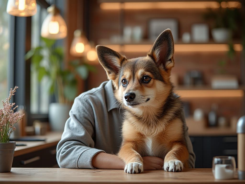 Perro de raza mixta con orejas grandes en una cocina iluminada, frente a una mesa de madera.