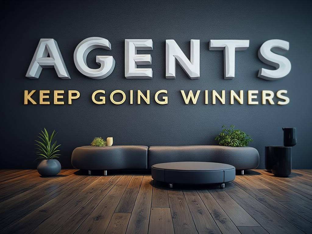 Sala moderna con letrero que dice 'AGENTS KEEP GOING WINNERS', sofá negro y plantas decorativas sobre suelo de madera.