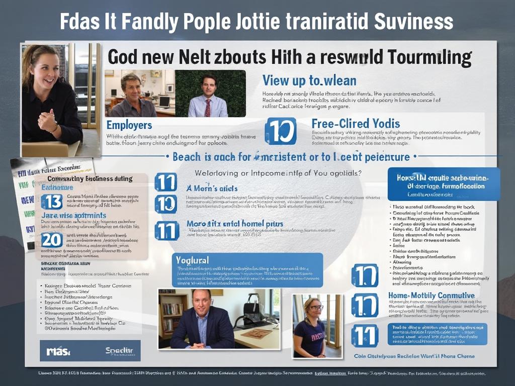 Business-themed collage featuring people in professional settings, charts, and infographics with text blocks and visuals on teamwork and productivity.