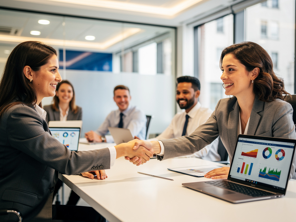Ejecutivas estrechando la mano en una reunión de negocios con equipo profesional y gráficos financieros en portátiles
