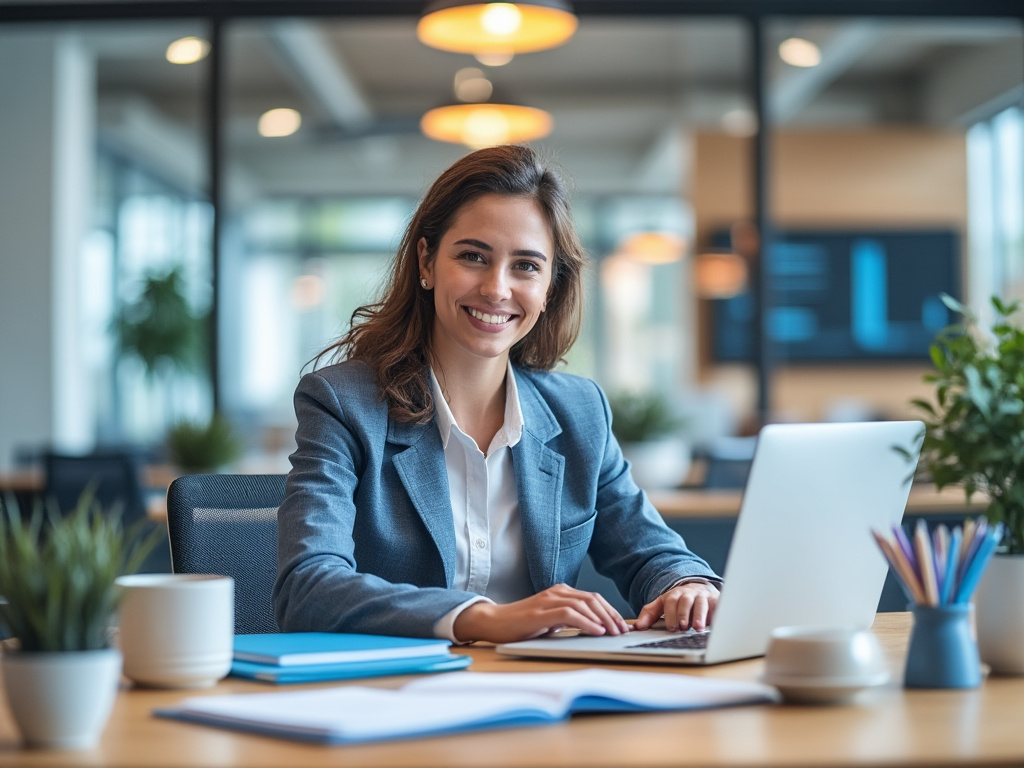 Smiling woman in a business suit working on a laptop in a modern office with plants and stationery. Smiling woman in a business suit working on a laptop in a modern office with plants and stationery.