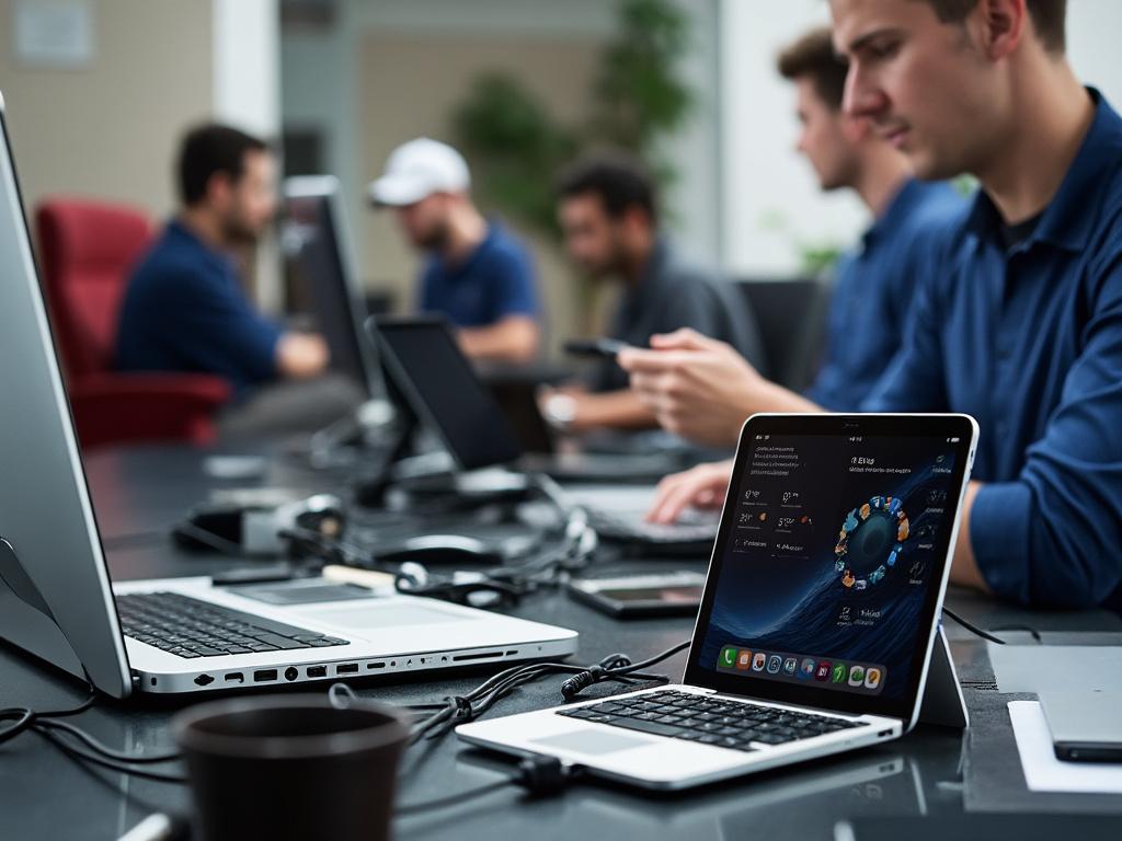 Oficina con personas trabajando en laptops y tabletas, enfoque en pantalla de tableta mostrando una interfaz digital, ambiente colaborativo.
