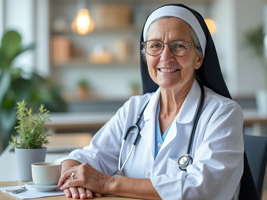 Monja sonriente con bata de médico y estetoscopio, sentada en una cafetería iluminada.