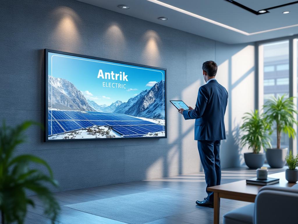 Hombre de negocios con tableta observando pantalla digital con paneles solares y montañas nevadas en sala de conferencias moderna.