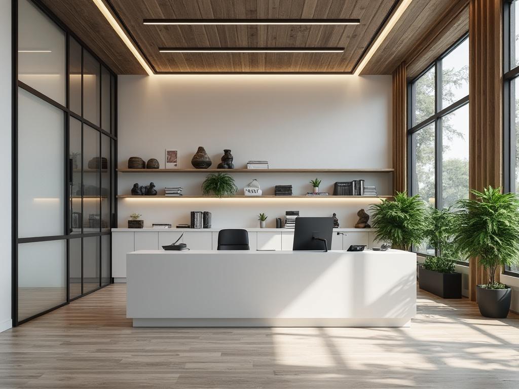 Oficina moderna con escritorio blanco, estanterías decorativas, plantas verdes y grandes ventanas panorámicas.