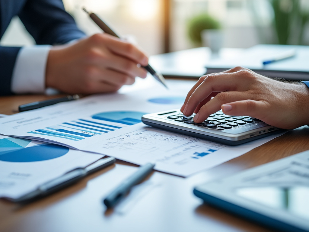 Personas trabajando en análisis de datos financieros con gráficos y calculadora en una oficina.