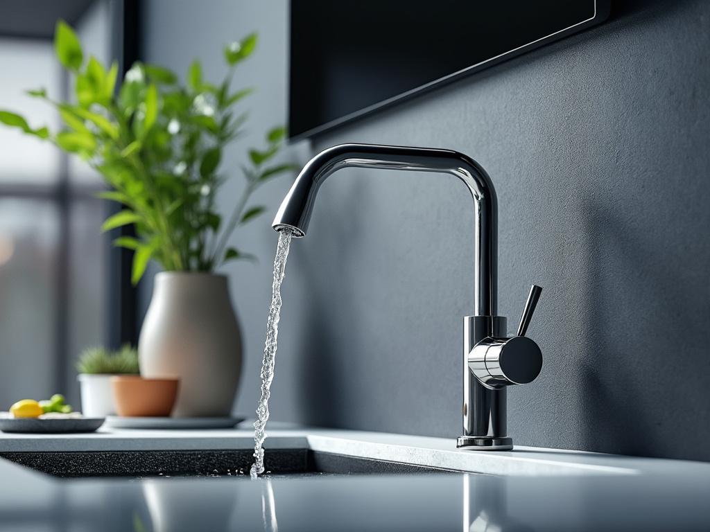 Grifo de cocina moderno de acero inoxidable con agua corriendo, fondo con planta en maceta y encimera minimalista.