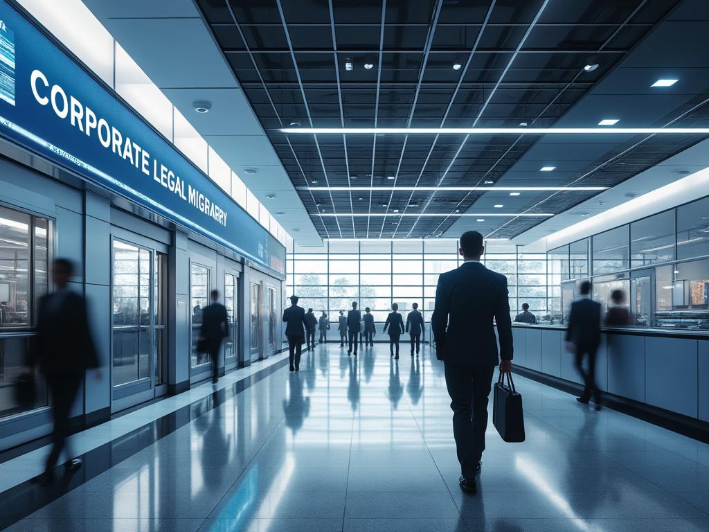 Personas de negocios en un pasillo moderno de oficinas con un cartel de 'Corporate Legal Migration'.