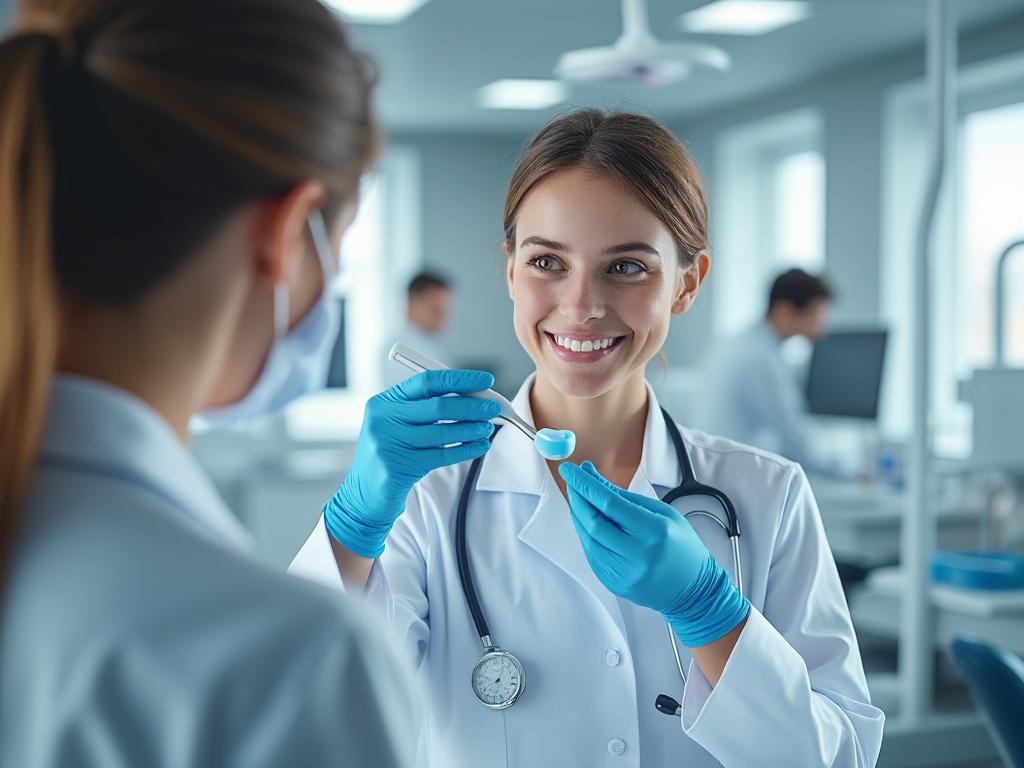 Doctora sonriente con estetoscopio y guantes azules sosteniendo una herramienta dental en una clínica moderna.