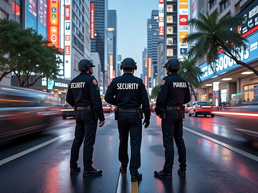 Tres guardias de seguridad con cascos patrullando una calle iluminada en la ciudad, rodeados de tráfico y carteles luminosos.