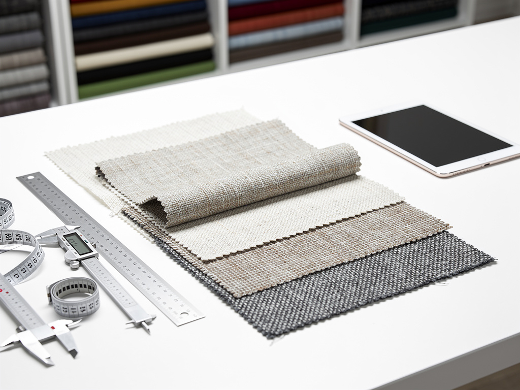 Muestras de telas para diseño de interiores con regla, cinta métrica, calibrador y tablet sobre mesa blanca Muestras de telas para diseño de interiores con regla, cinta métrica, calibrador y tablet sobre mesa blanca