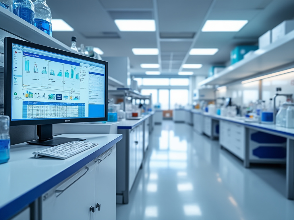 Interior de un laboratorio moderno con equipo de alta tecnología en las mesas, incluyendo un monitor de computadora mostrando datos científicos.