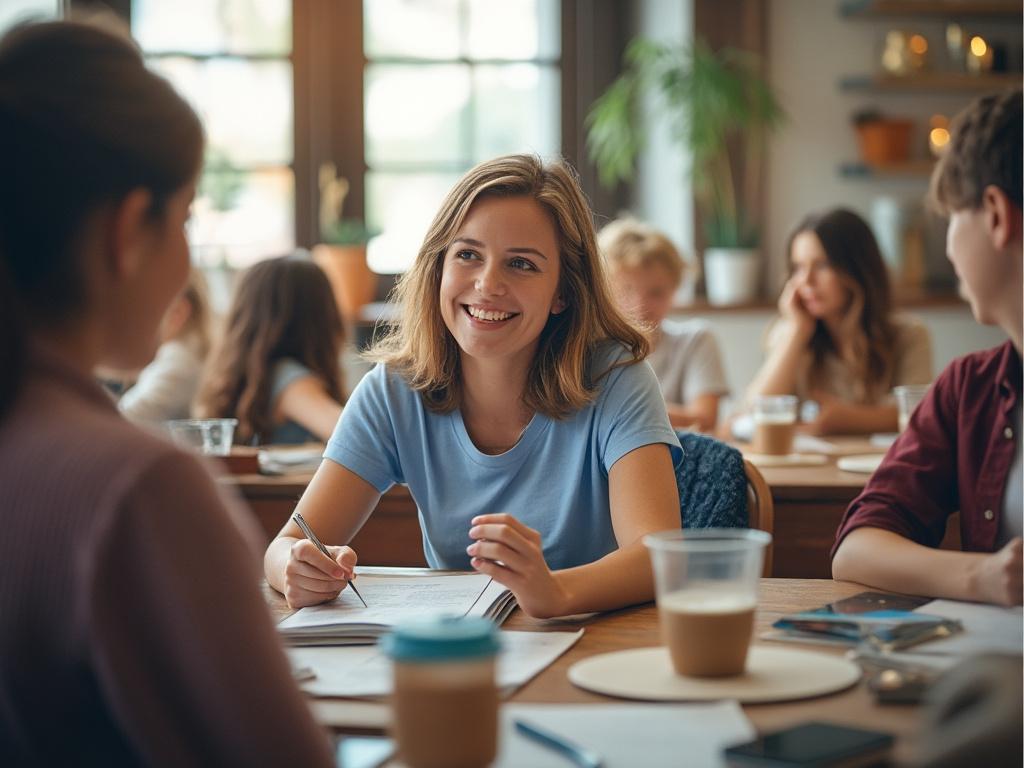Group of young adults studying together at a table in a cozy cafe, focused on discussion and teamwork, with coffee cups and notebooks visible.
