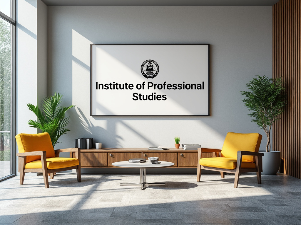 Sala de estar moderna con sillas amarillas, mesa de centro, plantas decorativas y cuadro de 'Institute of Professional Studies' en la pared.
