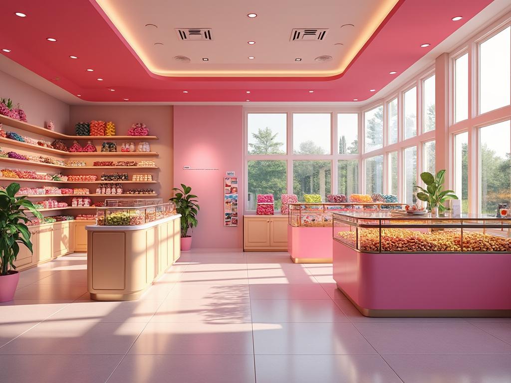 Tienda de dulces colorida con estantes llenos de confites, mostradores de vidrio, y luz natural entrando por grandes ventanas.