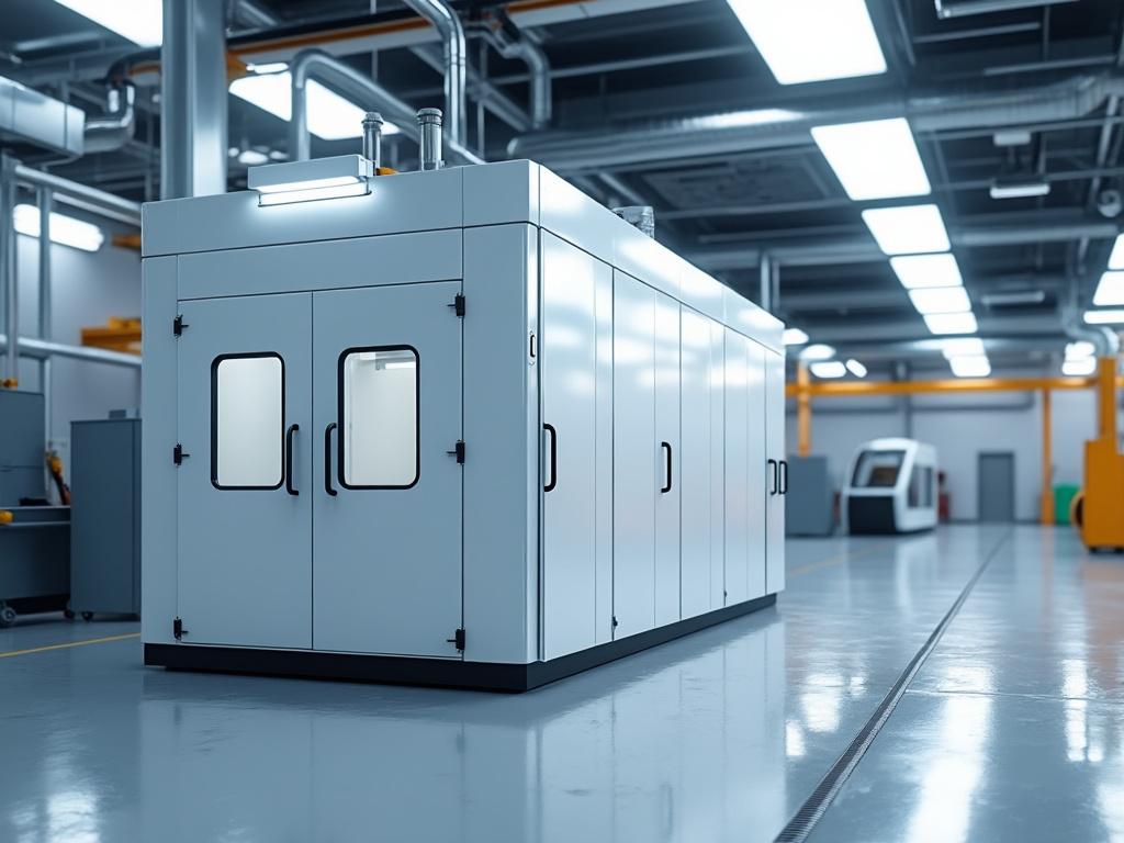 Sala blanca industrial con equipo de alta tecnología en un entorno moderno de fabricación.