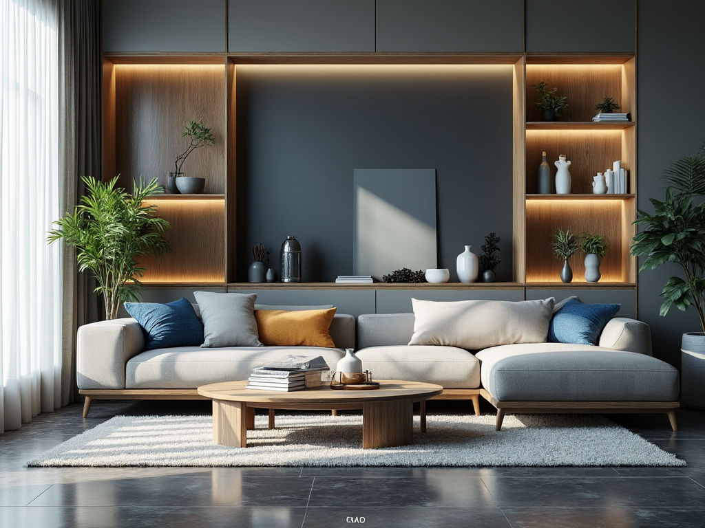 Modern living room with beige sectional sofa, wooden coffee table, built-in illuminated shelves, and indoor plants