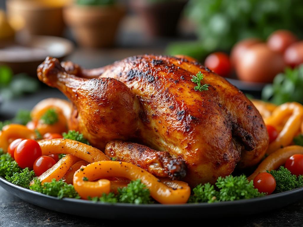 Pollo asado servido con pimientos y tomates cherry sobre un fondo de hierbas frescas.