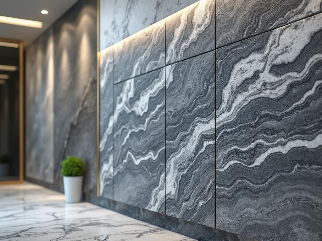 Pared de mármol con diseño de vetas grises y blancas, iluminación cálida y suelo de mármol blanco.