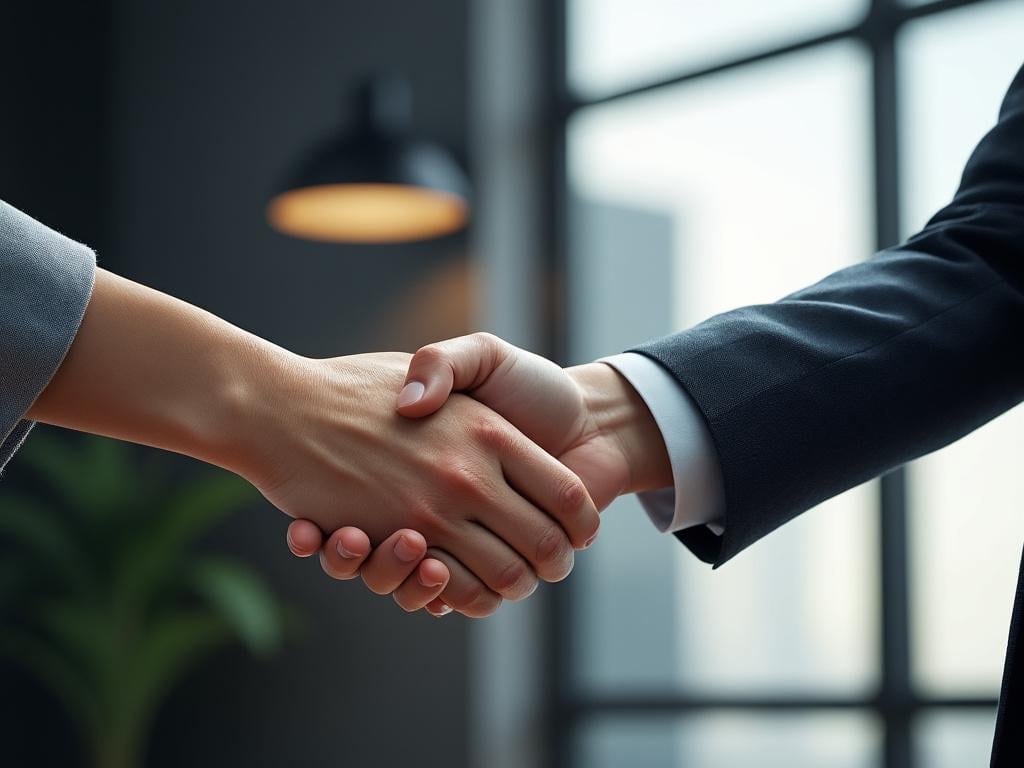 Dos personas dándose la mano en un entorno de oficina moderno con una planta al fondo. Dos personas dándose la mano en un entorno de oficina moderno con una planta al fondo.